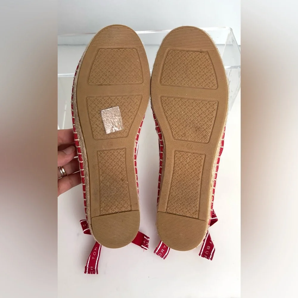 Tory Burch Grosgrains Crisscross Logo Ribbon Espadrilles Flats Red Size 5.5